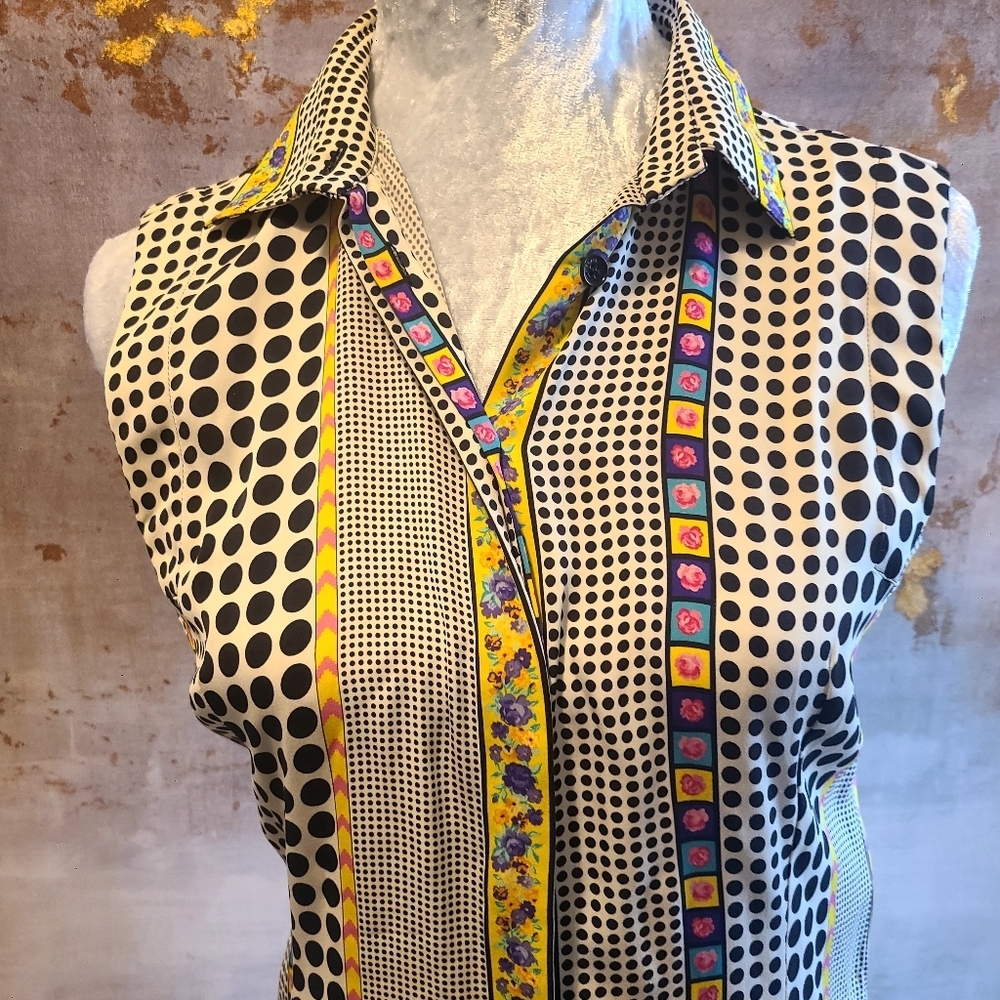 Versace Yellow and Black And White Pok A Dot Sleeveless Shirt 44 EU/US M - Picture 3 of 11